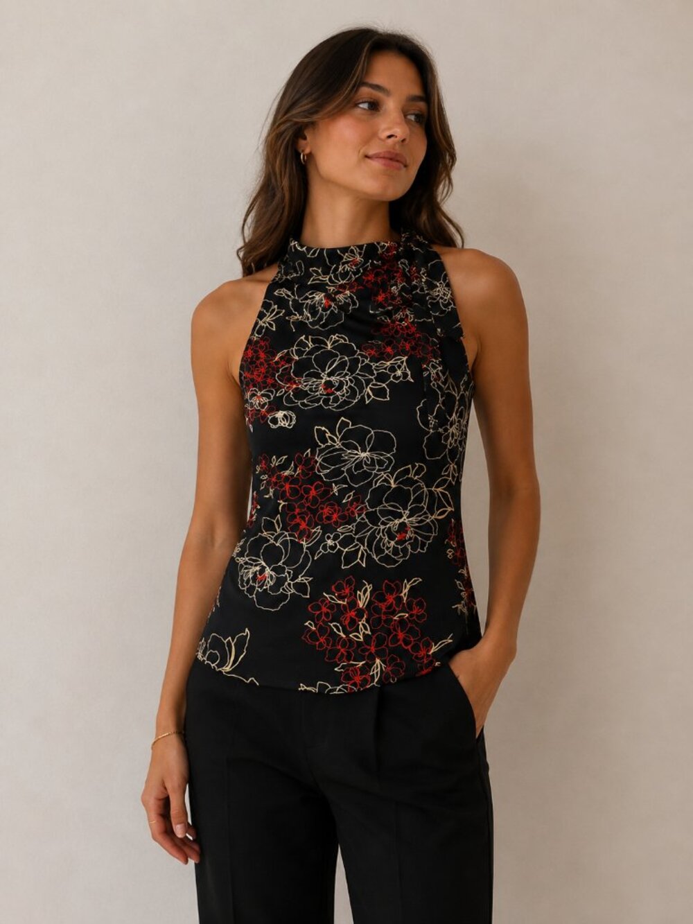 Jacob Vintage Black Floral Halter Top Tie Neck. Y2K.